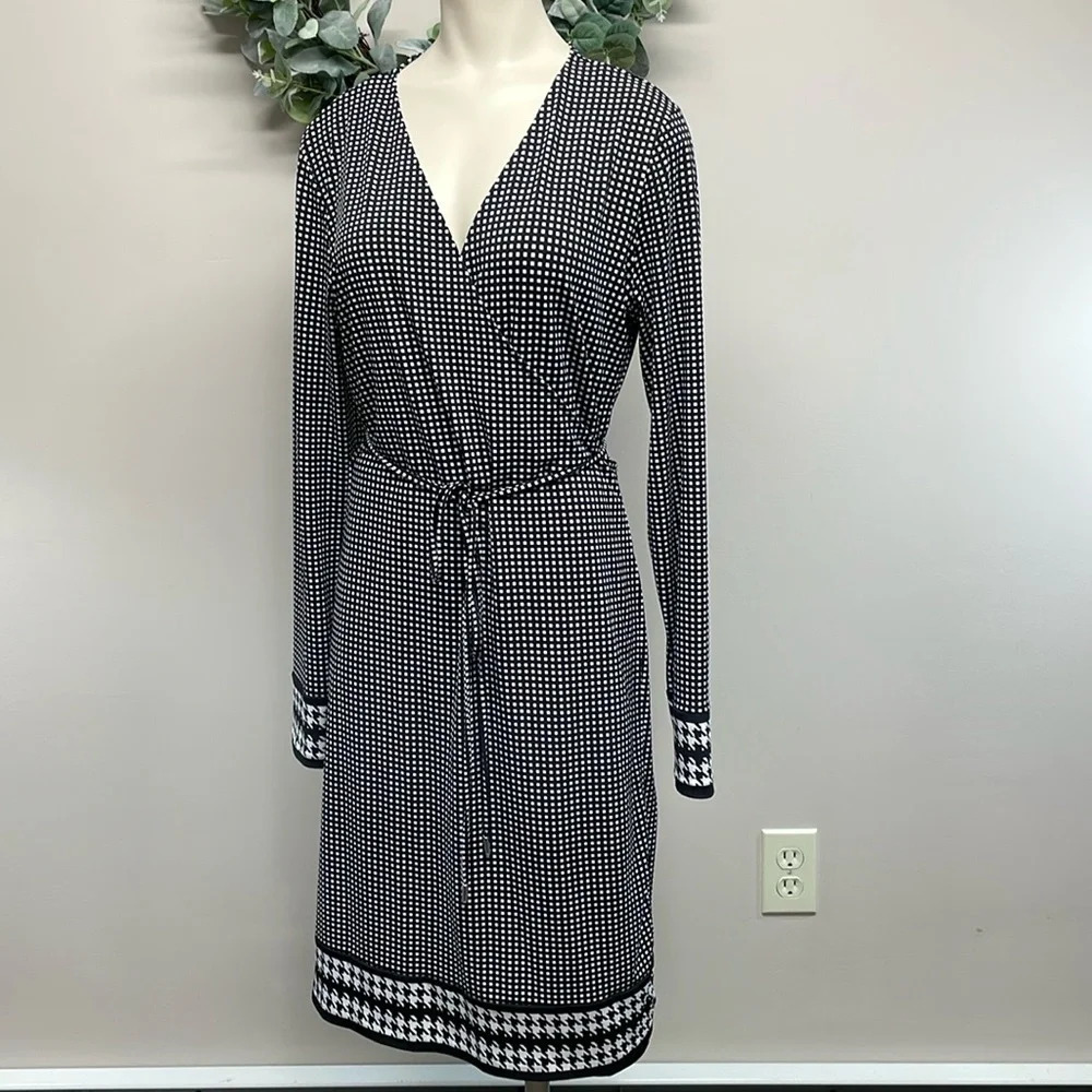 NWOT Michael Michael Kors Wrap Dress Long Sleeve Black White Check Houndstooth L